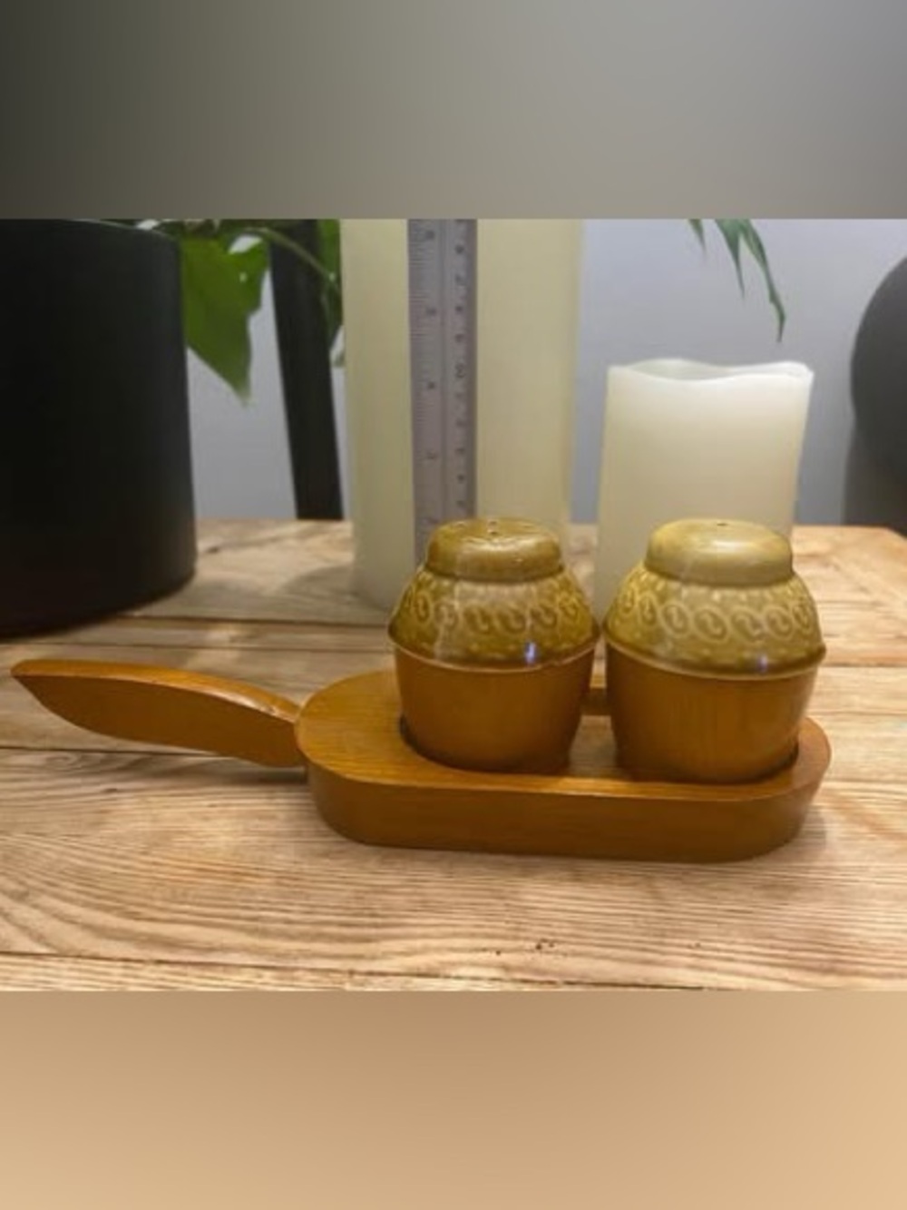 Vintage 70s Ceramic & Wood Salt Pepper Shakers with Wooden Paddle Caddy Taiwan